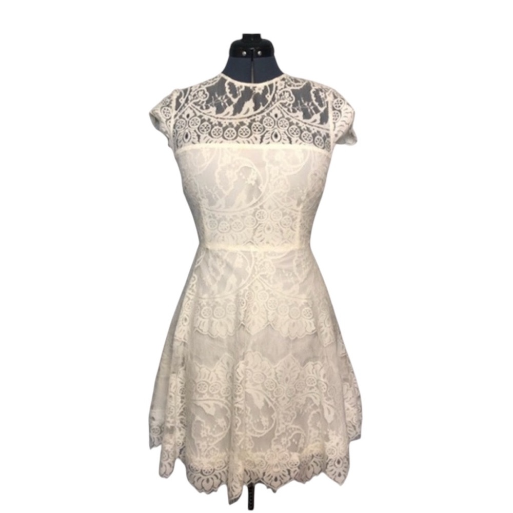 BB Dakota Cream Flutter Sleeve Mock Neck Mini Dress